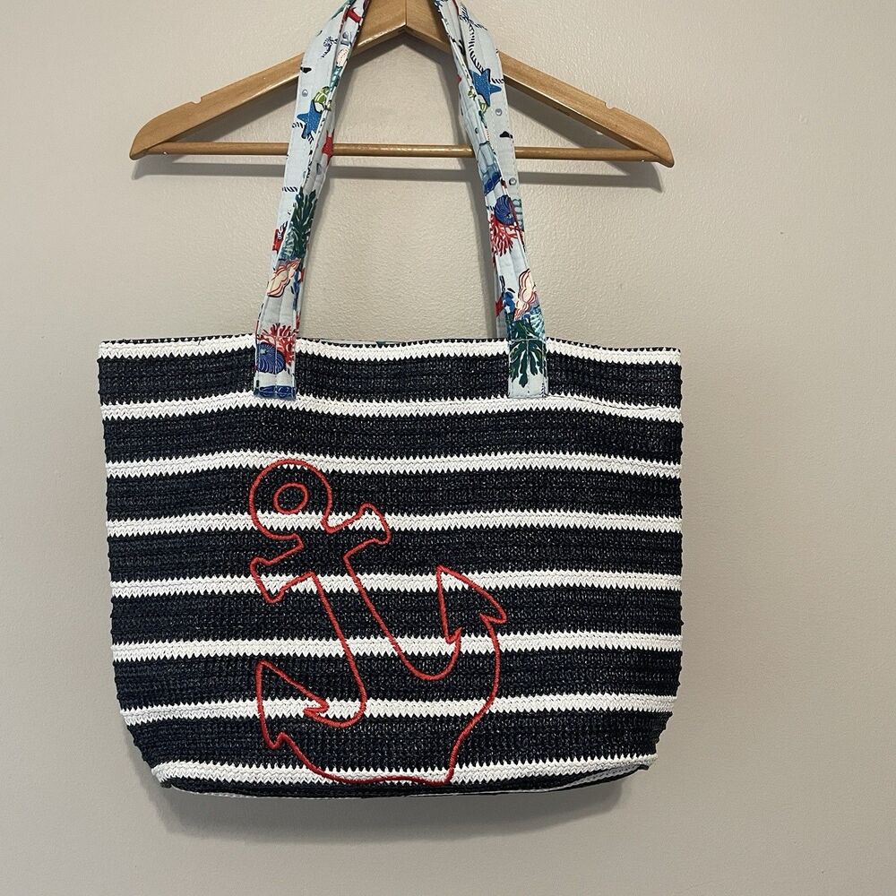 Vera Bradley Anchors Aweigh Straw Beach Bag EUC Nautical Beach Vacation Preppy